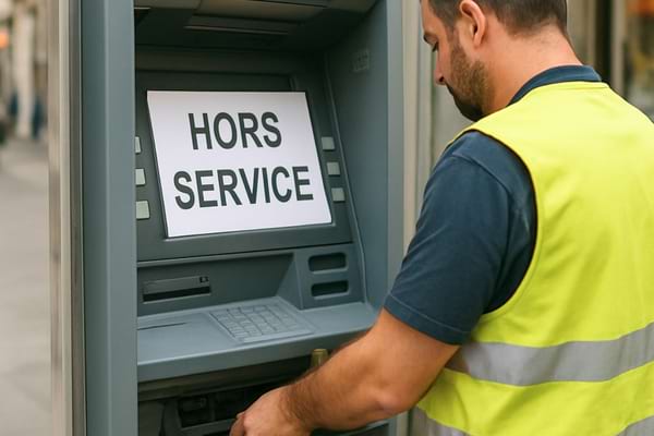 un distributeur automatique de billets en maintenance, technicien avec gilet