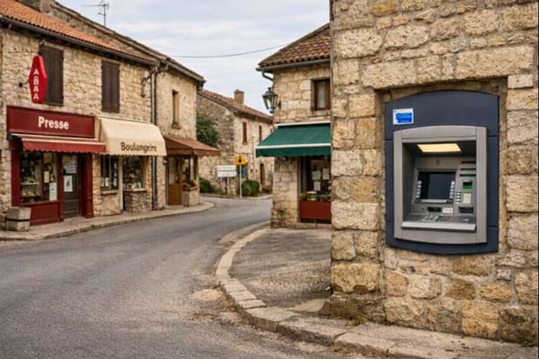 un petit village fran&ccedil;ais avec un point de retrait (DAB) pr&egrave;s de commerces