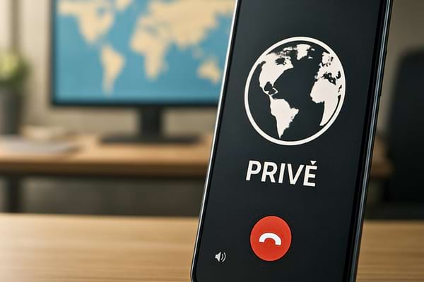 Un appel international : &eacute;cran de t&eacute;l&eacute;phone avec ic&ocirc;ne de globe, mention &ldquo;Priv&eacute;&rdquo;
