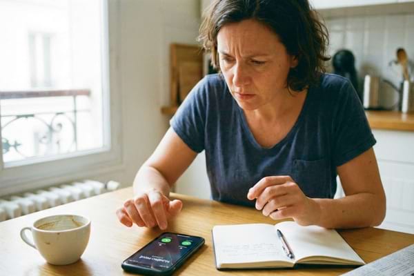 personne assise &agrave; une table, smartphone qui sonne en &ldquo;Num&eacute;ro priv&eacute;&rdquo;, visage inquiet