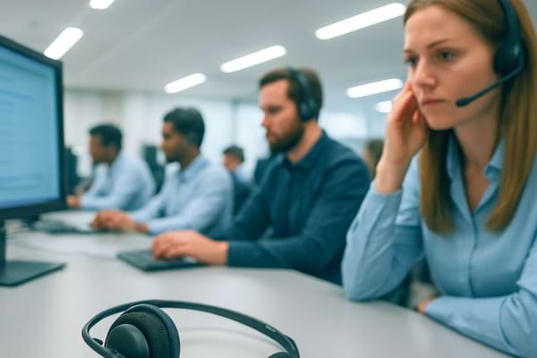 open space de centre d&rsquo;appels, casque sur un bureau