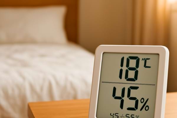 un hygrom&egrave;tre-thermom&egrave;tre digital sur une table de chevet affichant 18&deg;C et 45&ndash;55% d&rsquo;humidit&eacute;