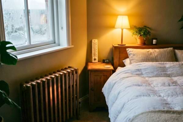 une chambre en hiver l&eacute;g&egrave;rement tamis&eacute;e, thermom&egrave;tre visible pr&egrave;s du lit