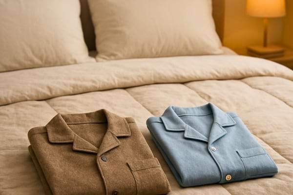 n lit avec deux options visibles : un pyjama en laine pli&eacute; et un pyjama en coton respirant pli&eacute; &agrave; c&ocirc;t&eacute;