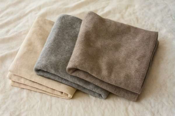 pyjama (coton, flanelle, m&eacute;rinos) pos&eacute;s sur un lit, textures visibles