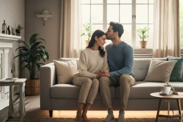 couple assis sur un canap&eacute; lumineux, l&rsquo;homme embrasse doucement le front de la femme,