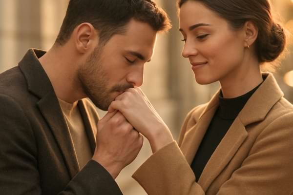 un homme embrassant la main d&rsquo;une femme, ext&eacute;rieur urbain &eacute;l&eacute;gant
