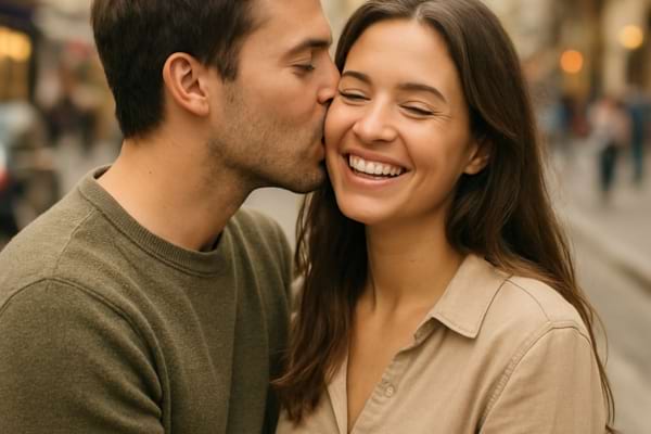 couple se retrouvant dans la rue, l&rsquo;homme embrasse la joue de la femme