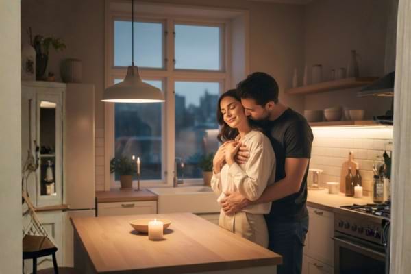Couple dans une cuisine le soir, lumi&egrave;re chaude, l&rsquo;homme embrasse tendrement le cou de la femme