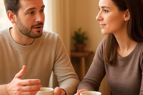 couple discutant calmement autour d&rsquo;un caf&eacute;, int&eacute;rieur lumineux, regards attentifs,
