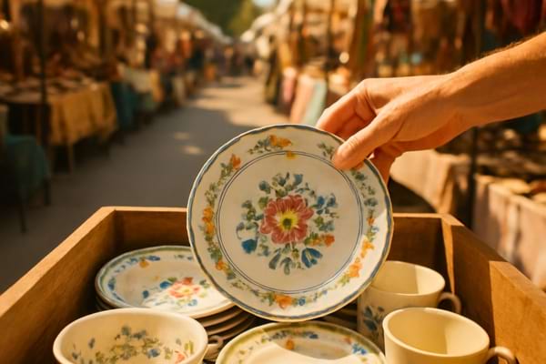 une caisse en bois remplie d'assiettes anciennes en fa&iuml;ence avec des motifs floraux 