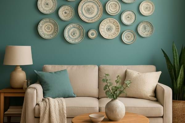 Un mur peint en bleu canard sur lequel est accroch&eacute;e une collection d'assiettes anciennes 