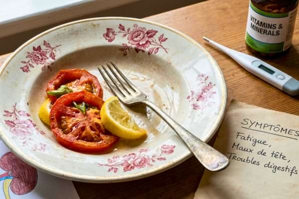 une liste de sympt&ocirc;mes li&eacute;s au plomb et cadmium &agrave; cot&eacute; d'une assiette 