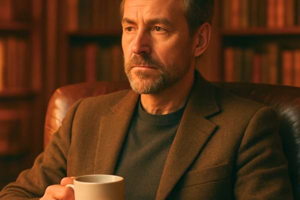 A thoughtful man sitting in a comfortable leather armchair in a dimly lit library