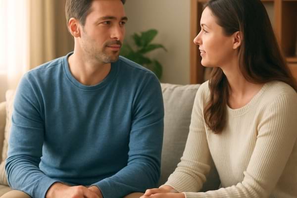 A couple sitting on a sofa in a modern living room, talking peacefully.