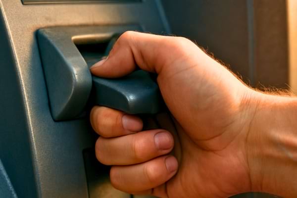 Une main saisit fermement la partie en plastique (le lecteur de carte) qui d&eacute;passe du distributeur pour tester sa solidit&eacute;.