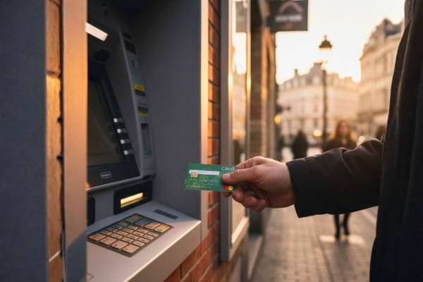 Une main tient une carte bancaire pr&ecirc;te &agrave; &ecirc;tre ins&eacute;r&eacute;e dans un distributeur de billets 