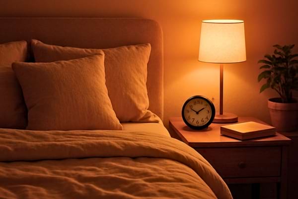 une chambre à coucher cosy avec une horloge de chevet indiquant 22h15