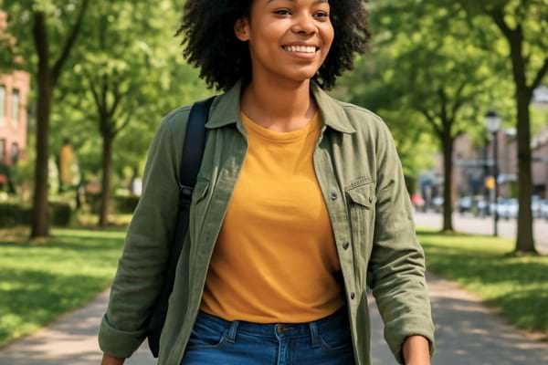 une personne marchant d'un pas décidé dans un parc verdoyant ou en ville,