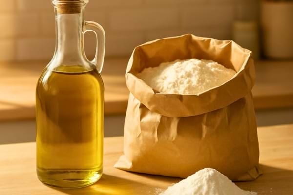 une bouteille d'huile d'olive dor&eacute;e, un paquet de farine ouvert et du sucre en poudre,