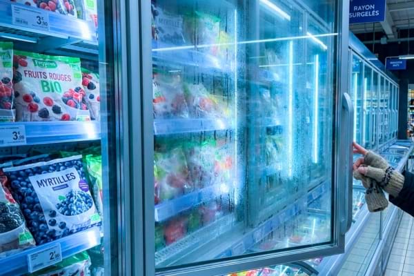 ayon surgel&eacute;s d'un supermarch&eacute;, une main h&eacute;site &agrave; attraper un sachet de fruits rouges surgel&eacute;s