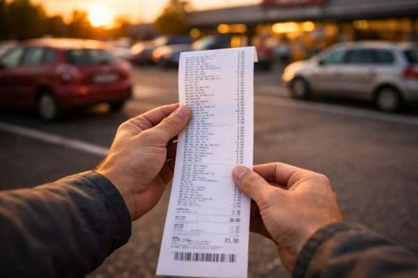 une personne tenant un long ticket de caisse de supermarch&eacute; dans les mains