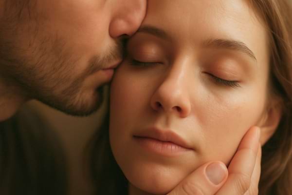 visage d'une femme, un homme d&eacute;pose d&eacute;licatement un baiser sur sa paupi&egrave;re close