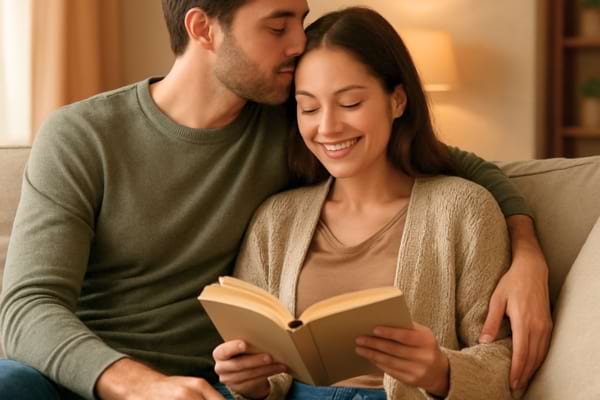 un couple dans un canap&eacute;, l'homme embrasse le sommet de la t&ecirc;te de la femme