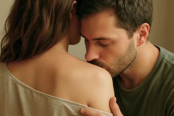 une femme semble d&eacute;tendue, un homme pose sa t&ecirc;te et embrasse son &eacute;paule nue,