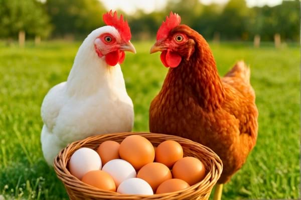 une poule blanche et d'une poule rousse c&ocirc;te &agrave; c&ocirc;te dans une ferme verdoyante,