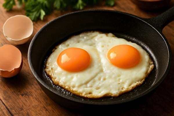 Deux &oelig;ufs au plat cuisent dans une po&ecirc;le en fonte noire