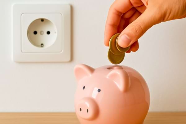 une tirelire cochon moderne pos&eacute;e &agrave; c&ocirc;t&eacute; d'une prise &eacute;lectrique d&eacute;branch&eacute;e.