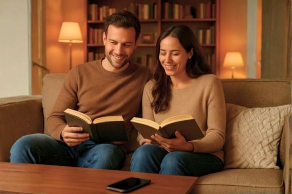 n couple en train de lire des livres papier dans un salon confortable le soir, souriants.
