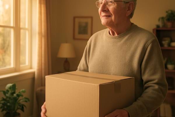 An elderly man standing in a cozy living room looking out the window with a hopeful expression. He is holding a moving box
