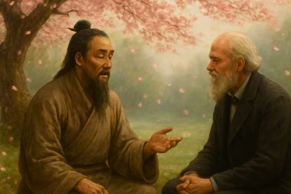 An ancient Chinese sage (Confucius representation) sitting under a blooming cherry blossom tree, speaking to an elderly western man