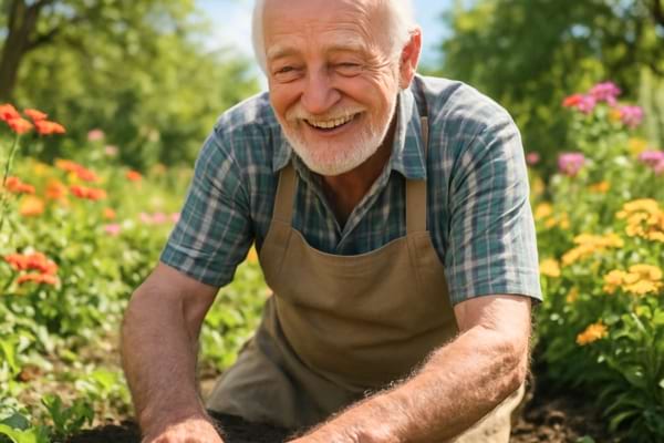 he elderly man Guillaume gardening happily in a beautiful sunlit garden