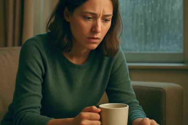 Une femme assise sur un canap&eacute;, regardant anxieusement son t&eacute;l&eacute;phone 