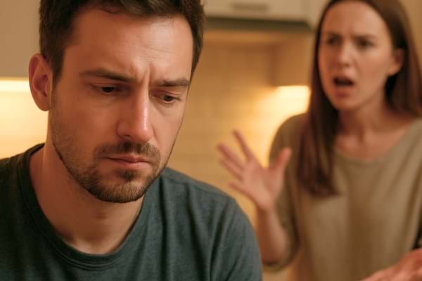 Un couple dans une cuisine moderne qui se dispute. la femme crie et l'homme &eacute;coute