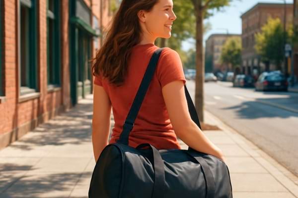 Une femme marche seule avec assurance dans une rue urbaine ensoleill&eacute;e