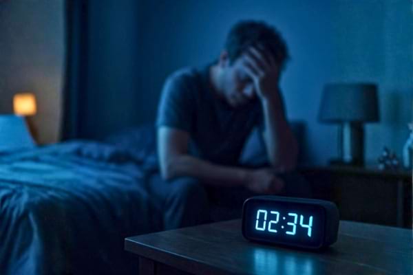 ambiance sombre et bleut&eacute;e d'une chambre &agrave; coucher. Un r&eacute;veil num&eacute;rique sur la table de nuit affiche 02:34