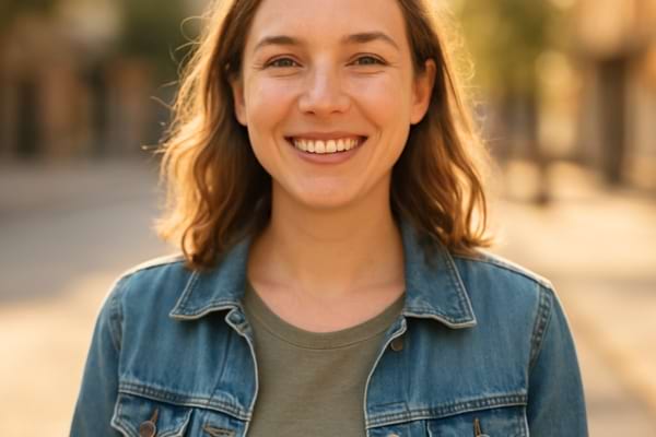 une femme souriante dans la rue, sans maquillage