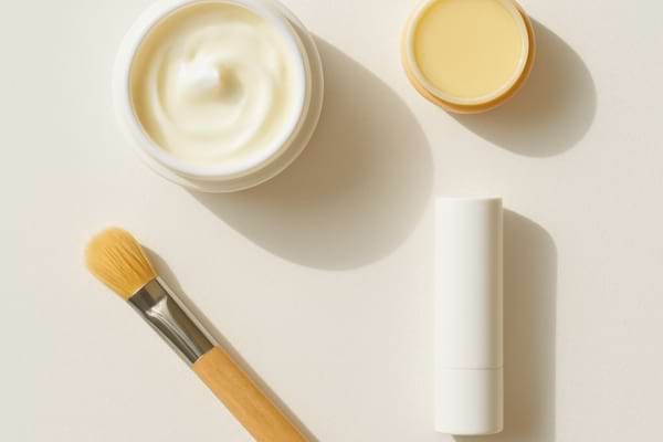 Vue de dessus d'une table avec quelques produits simples de maquillage