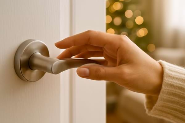 Une main f&eacute;minine h&eacute;site &agrave; toucher une poign&eacute;e de porte int&eacute;rieure en m&eacute;tal bross&eacute;