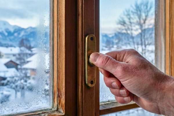 Une main sur une poign&eacute;e de fen&ecirc;tre, ext&eacute;rieur hivernal