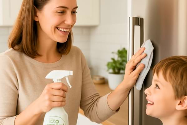 Une m&egrave;re de famille souriante et son enfant dans une cuisine moderne. La m&egrave;re nettoie la poign&eacute;e du frigo