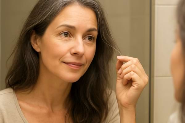 Une femme qui tient une m&egrave;che de cheveux gris entre ses doigts avec une expression de curiosit&eacute; 