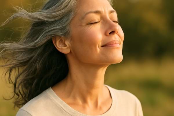 une femme aux cheveux poivre et sel l&acirc;ch&eacute;s au vent, visage serein, yeux ferm&eacute;s, profitant du soleil.