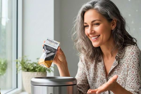 Une femme qui jette son paquet de coloration cheveux