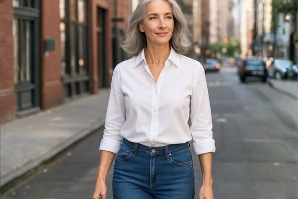 Une femme &eacute;l&eacute;gante de 50-60 ans avec une belle chevelure argent&eacute;e