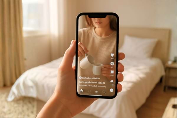 Une main tient un smartphone affichant une vidéo de réseau social (style TikTok/Instagram)